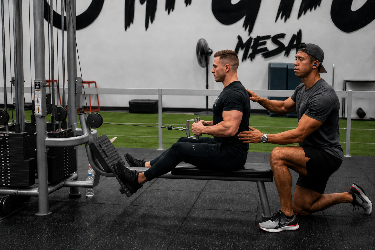 Coach Dan coaching a client through an exercise in person at a Mesa, Arizona gym